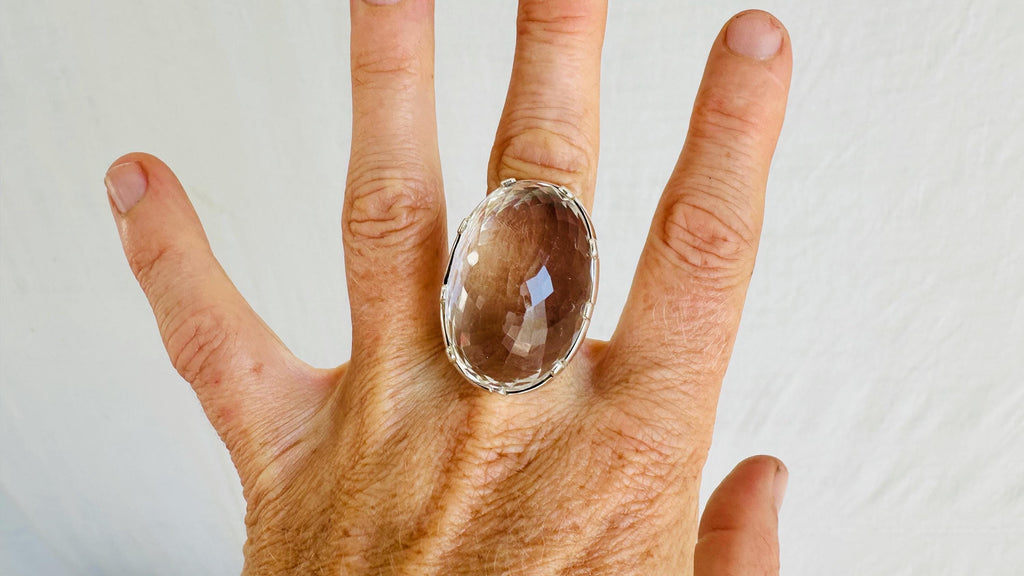 Sterling Silver Quartz Cocktail Ring, Adjustable Size, Taxco Artisan Made. 4257