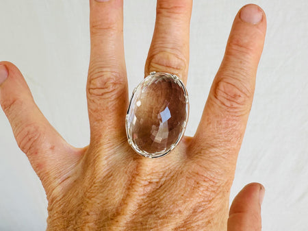 Sterling Silver Quartz Cocktail Ring, Adjustable Size, Taxco Artisan Made. 4257