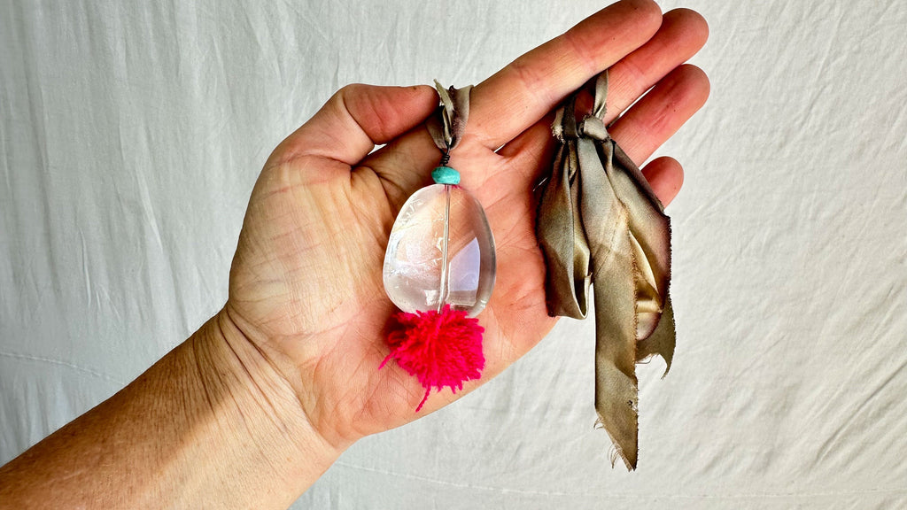 Huge Quartz & Turquoise Pom-Pom Pendant Necklace. Silk Ribbon. 2283