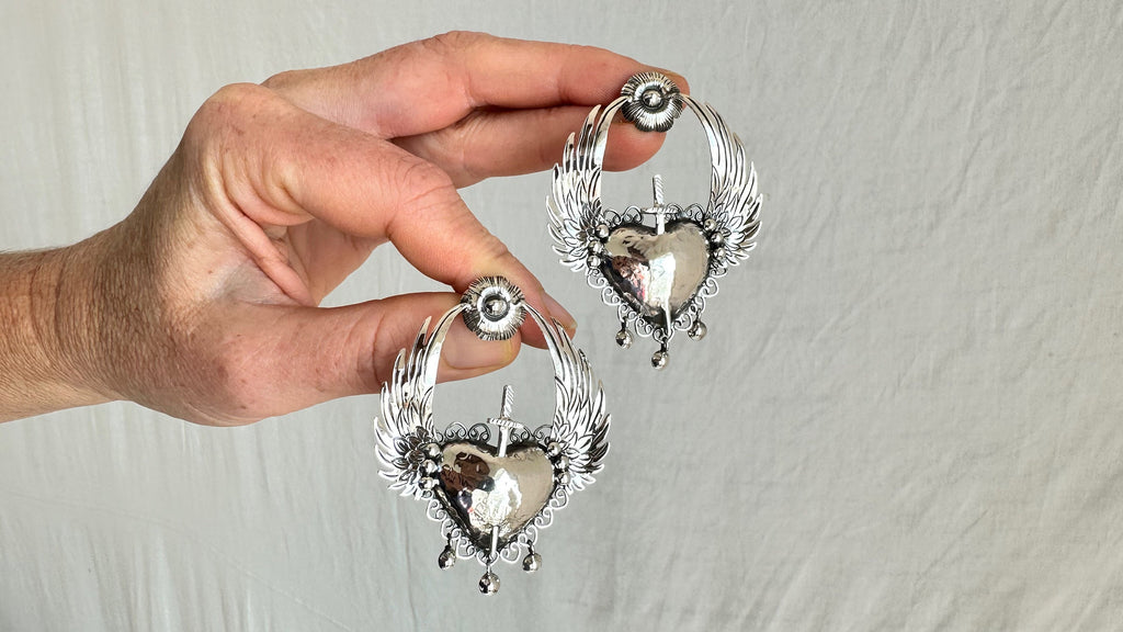 Winged Sacred Heart Earrings. Taxco. Mexico. Sterling Silver. 0855