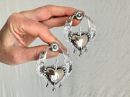 Winged Sacred Heart Earrings. Taxco. Mexico. Sterling Silver. 0855