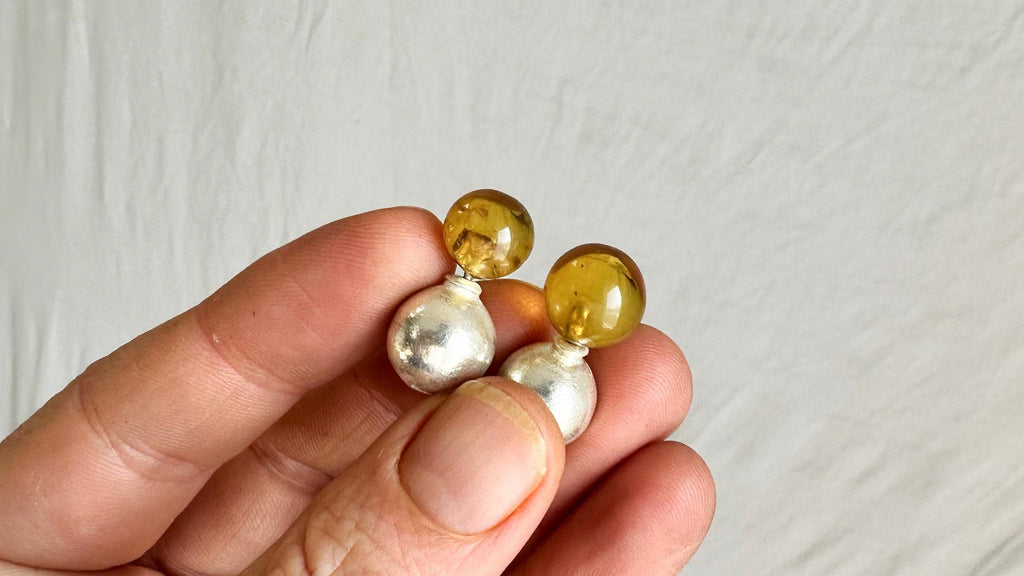 Amber Barbell Earrings. Double Sided. Sterling Silver. 2077