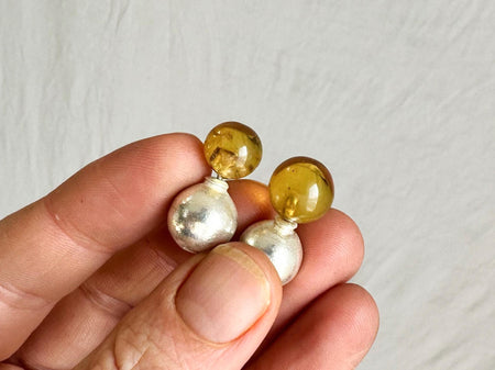 Amber Barbell Earrings. Double Sided. Sterling Silver. 2077