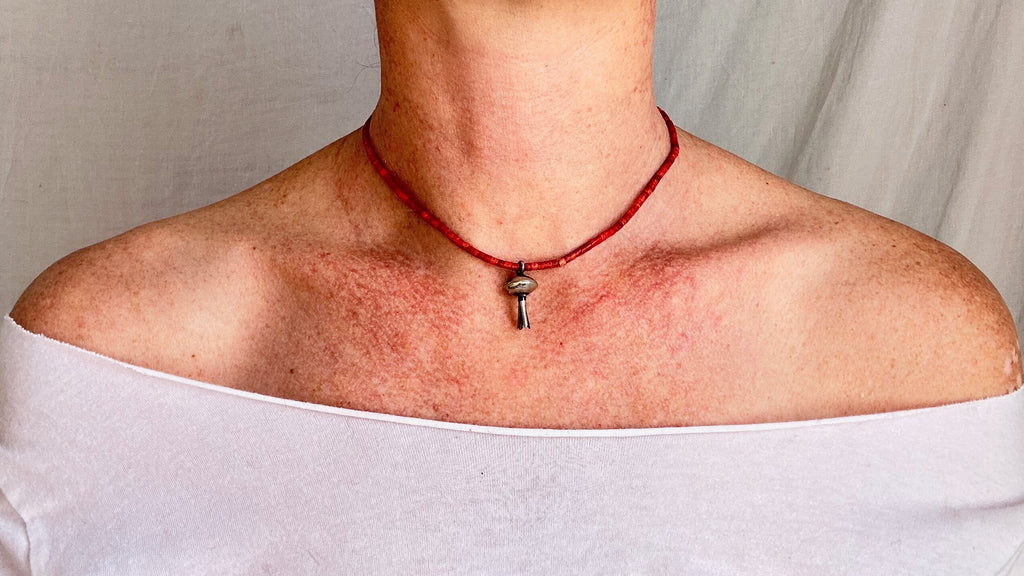 Squash Blossom & Coral Necklace. Sterling Silver. Diné, Navajo. 0979