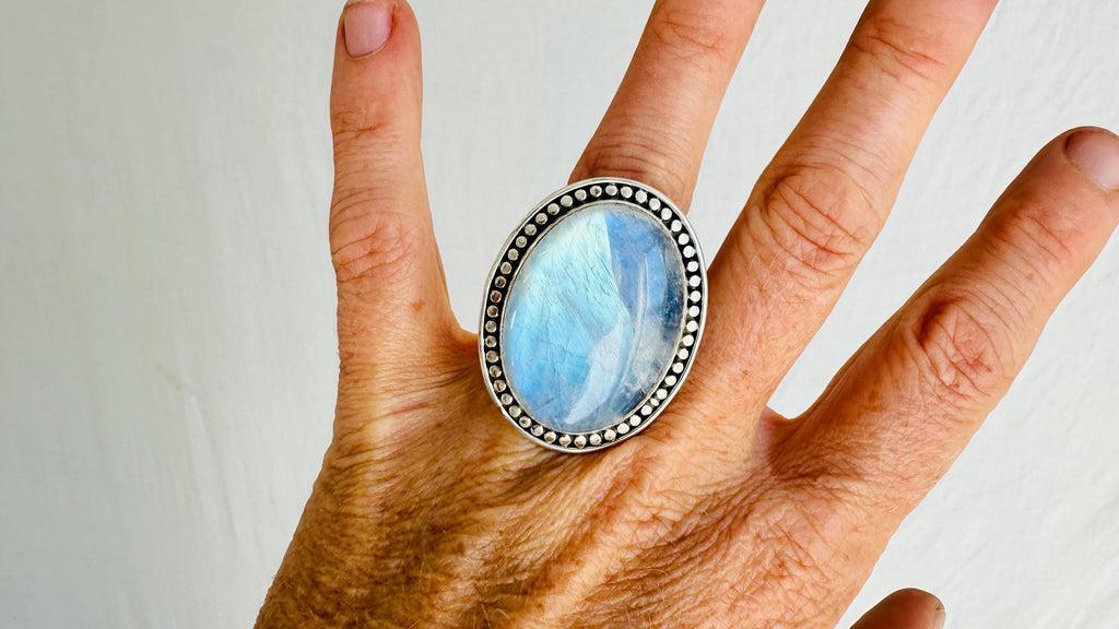 Rainbow Moonstone Cocktail Ring. Maximalist Sterling Silver Jewelry. Strong Flash! 0913