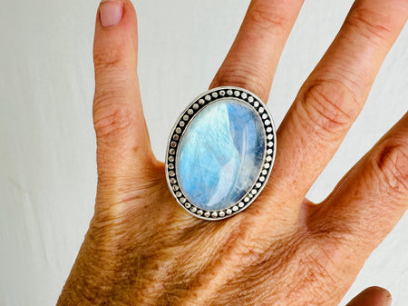 Rainbow Moonstone Cocktail Ring. Maximalist Sterling Silver Jewelry. Strong Flash! 0913