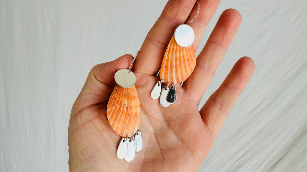Orange Clam & Sterling Silver Earrings. Handmade Designer Jewelry 2410