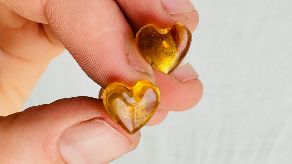 Amber Heart Barbell Earrings. Double Sided. 2634
