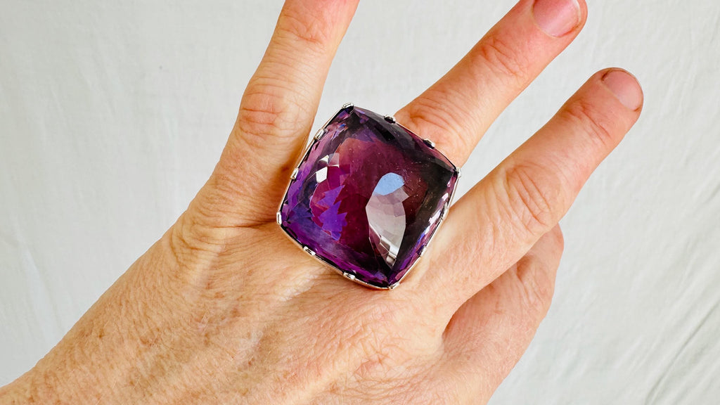 Oversized Faceted Amethyst Cocktail Ring | Handmade Adjustable Sterling Silver | Unique Gemstone Jewelry.