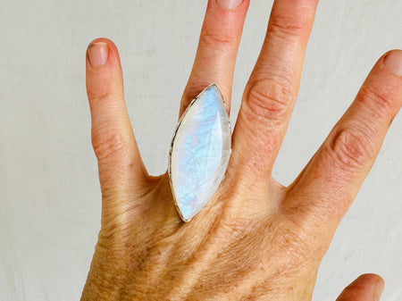 Rainbow Moonstone Cocktail Ring. Oversized Sterling Silver. Adjustable Size