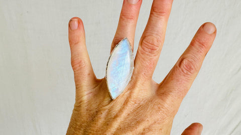 Rainbow Moonstone Cocktail Ring. Oversized Sterling Silver. Adjustable Size