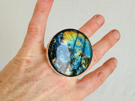 Oversized Labradorite Cocktail Ring. Gorgeous Colors and Adjustable. Handmade Sterling Silver Jewelry. 4010
