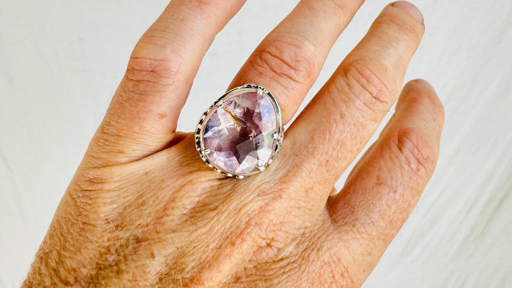 Rose Quartz Botanicals Cocktail Ring. Gorgeous Faceted Stone. Size 5.5. 4144