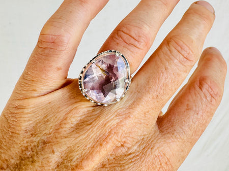 Rose Quartz Botanicals Cocktail Ring. Gorgeous Faceted Stone. Size 5.5. 4144