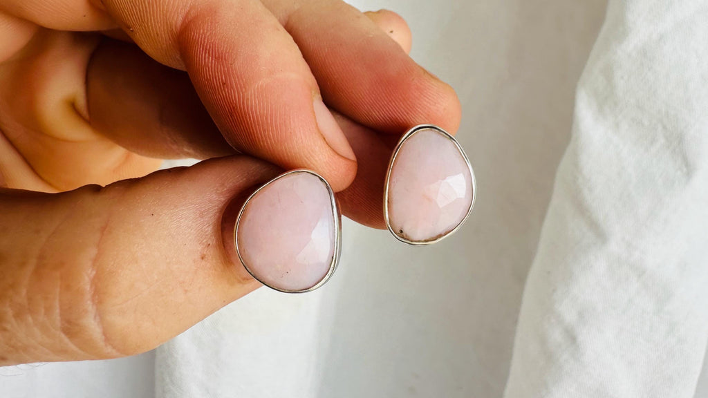Pink Opal Post Earrings. Faceted. Recycled Sterling Silver. 3015
