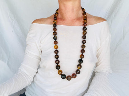 Long Amber Beaded Necklace with Sterling Silver. Graduated. Knotted. 2883.