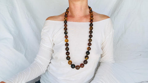 Long Amber Beaded Necklace with Sterling Silver. Graduated. Knotted. 2883.