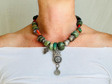 Antique Berber Amazonite Necklace. Silver Amulets, Coral, Pearls Vintage Moroccan Jewelry. 4254