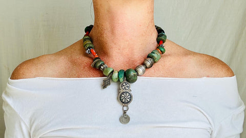 Antique Berber Amazonite Necklace. Silver Amulets, Coral, Pearls Vintage Moroccan Jewelry. 4254