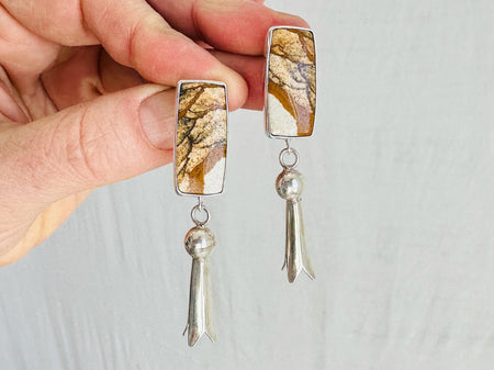 Picture Jasper Earrings with Squash Blossoms. Handmade Sterling Silver Jewelry. 2710