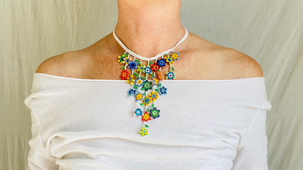 Huichol Beaded Flower Necklace. Tiny Seed Beads. 1201