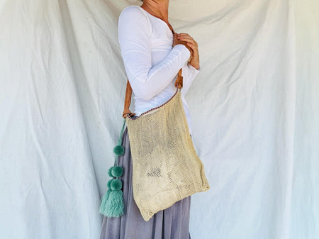 Large Agave Woven Bag With Leather Strap And Tassel! Hand-spun & Woven. Chiapas, Mexico