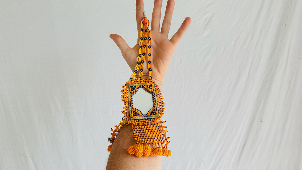 Vintage Kuchi Tribal Beaded Mirror withTassels.