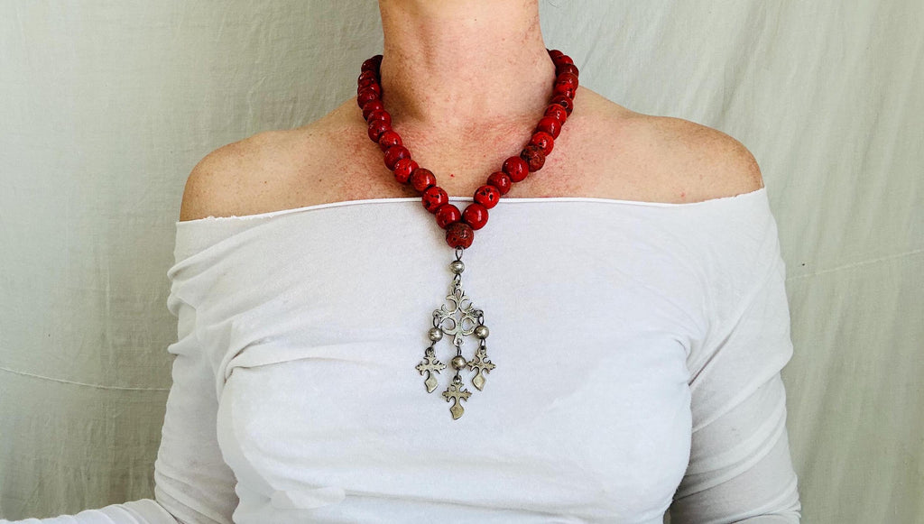 Silver Yalalag Cross Necklace. Red Glass Nepalese Beads. 2188