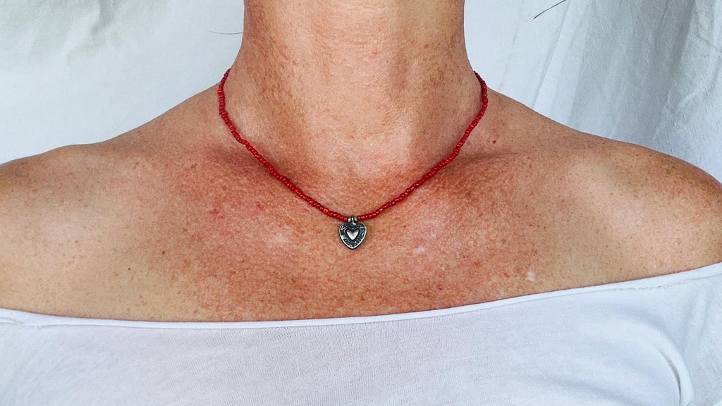 Oaxacan Pendant on Necklace of Coral Beads. Handmade Jewelry. 2859