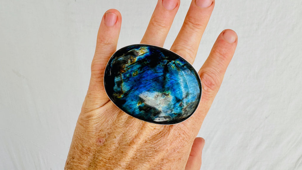 Labradorite Three Finger Ring. Adjustable Sizing. Handmade Sterling SIlver. Gorgeous Flash. 4043