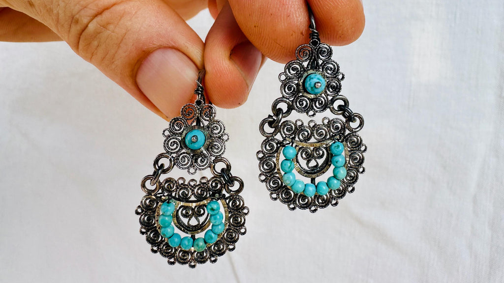 Oaxacan Filigree Earrings. Turquoise. Sterling Silver. Mexico. Frida Kahlo. 2818