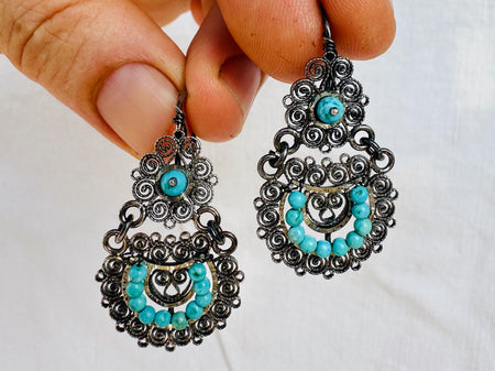 Oaxacan Filigree Earrings. Turquoise. Sterling Silver. Mexico. Frida Kahlo. 2818