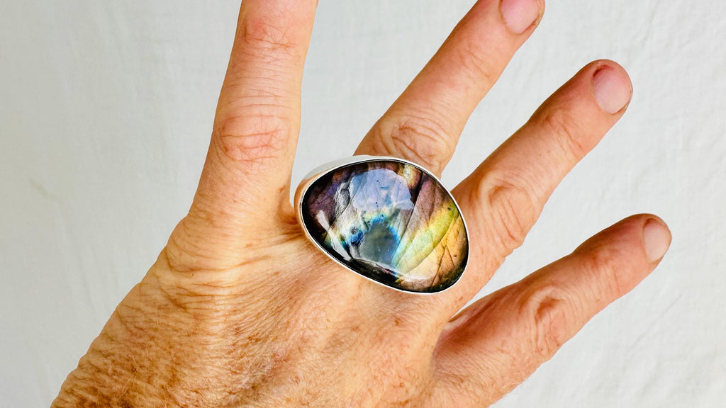 Oversized Labradorite Ring. Adjustable Sterling Silver Shank. Handmade Designer Jewelry. 4017