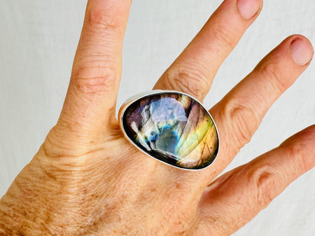 Oversized Labradorite Ring. Adjustable Sterling Silver Shank. Handmade Designer Jewelry. 4017