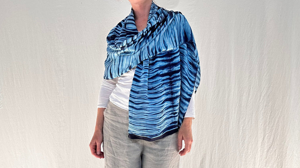 Indigo Shibori Silk Shawl, Wrap, Scarf. Clamp Dye. Gujarat, India.