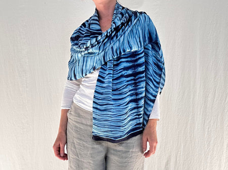 Indigo Shibori Silk Shawl, Wrap, Scarf. Clamp Dye. Gujarat, India.