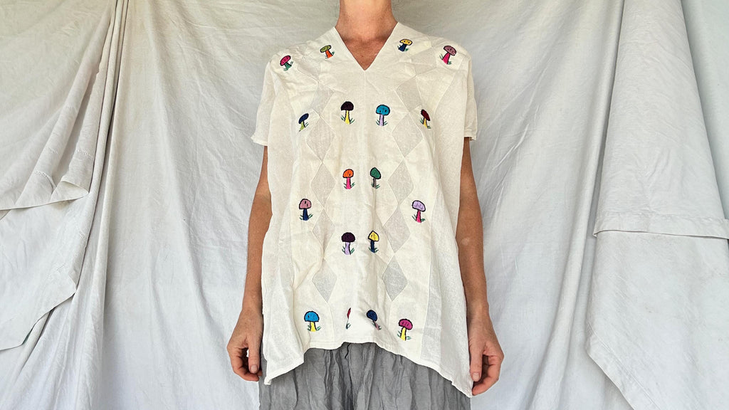 Mushroom Hand-Embroidered Gauze Blouse. All Cotton.