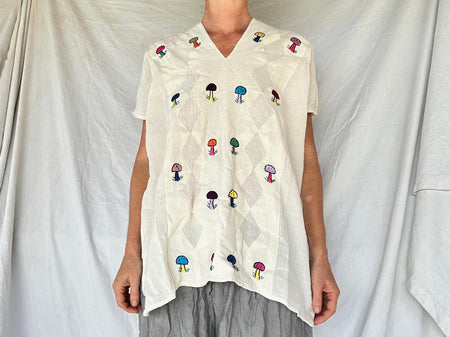 Mushroom Hand-Embroidered Gauze Blouse. All Cotton.