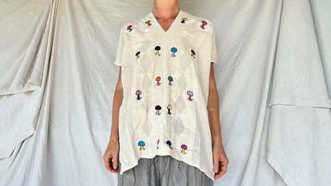 Mushroom Hand-Embroidered Gauze Blouse. All Cotton.