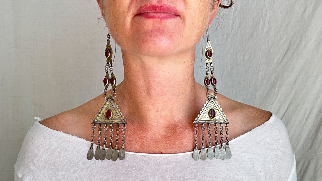 Vintage Turkmen Silver Goldwashed Earrings. Epic Beauties. 1292.