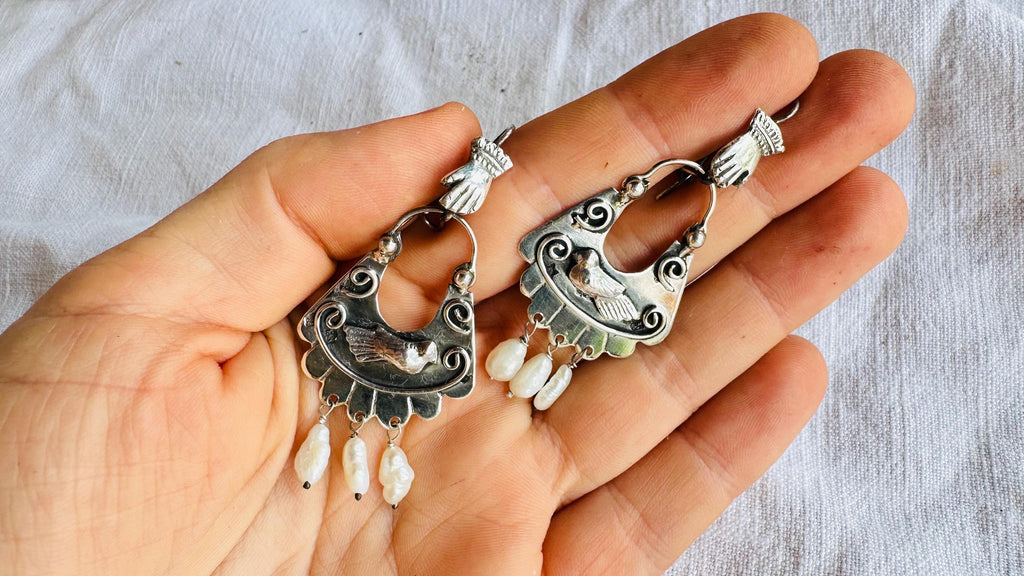 Mazahua Love Bird Earrings. Sterling Silver. Oaxaca, Mexico. Frida Kahlo. BI1