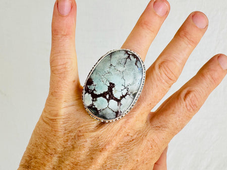 Natural Turquoise Cocktail Ring. Oversized Sterling Silver Designer Ring. Botanicals. Size . 4138.