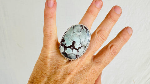 Natural Turquoise Cocktail Ring. Oversized Sterling Silver Designer Ring. Botanicals. Size . 4138.