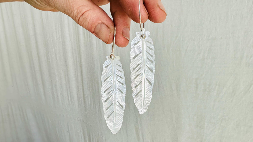 Carved MOP Feather Earrings. Mother-of-Pearl and Sterling Silver Jewelry. Atelier Aadya. 4176