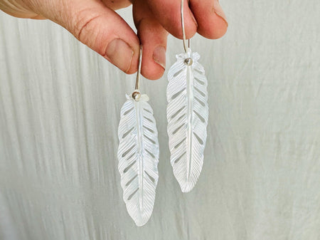 Carved MOP Feather Earrings. Mother-of-Pearl and Sterling Silver Jewelry. Atelier Aadya. 4176