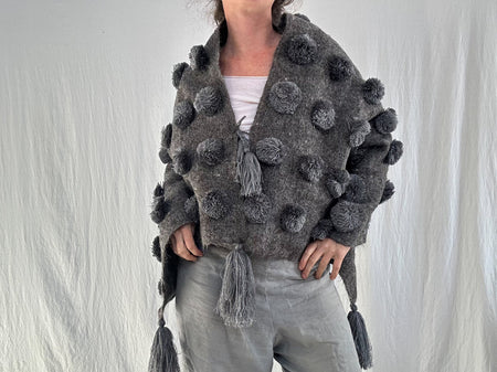 Wool Shawl. Pom Poms & Tassels. Mayan. Chamula. Mexico