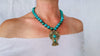 Vintage Mexican Cross Pendant on Turquoise Necklace. Gold Plated Silver. Mexico. Frida Kahlo
