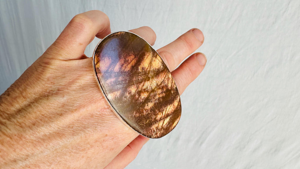 Sunstone Three Finger Cocktail Ring in Sterling Silver. Maximalist, Adjustable Size and Gorgeous Flash. 4095