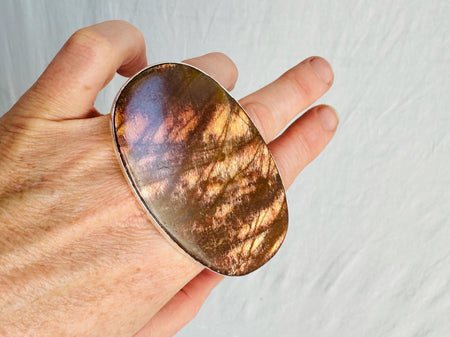 Sunstone Three Finger Cocktail Ring in Sterling Silver. Maximalist, Adjustable Size and Gorgeous Flash. 4095