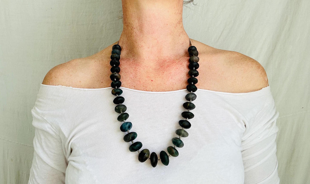 Long Fluorite and Silver Necklace. Handmade Beaded Jewelry. Beautiful Blue Stone. Statement Necklace.